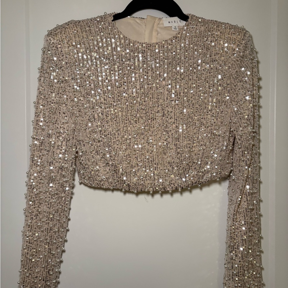 Mable - Women's Mable Sequin Embellished Crop Top (Size S Beige Silver)
